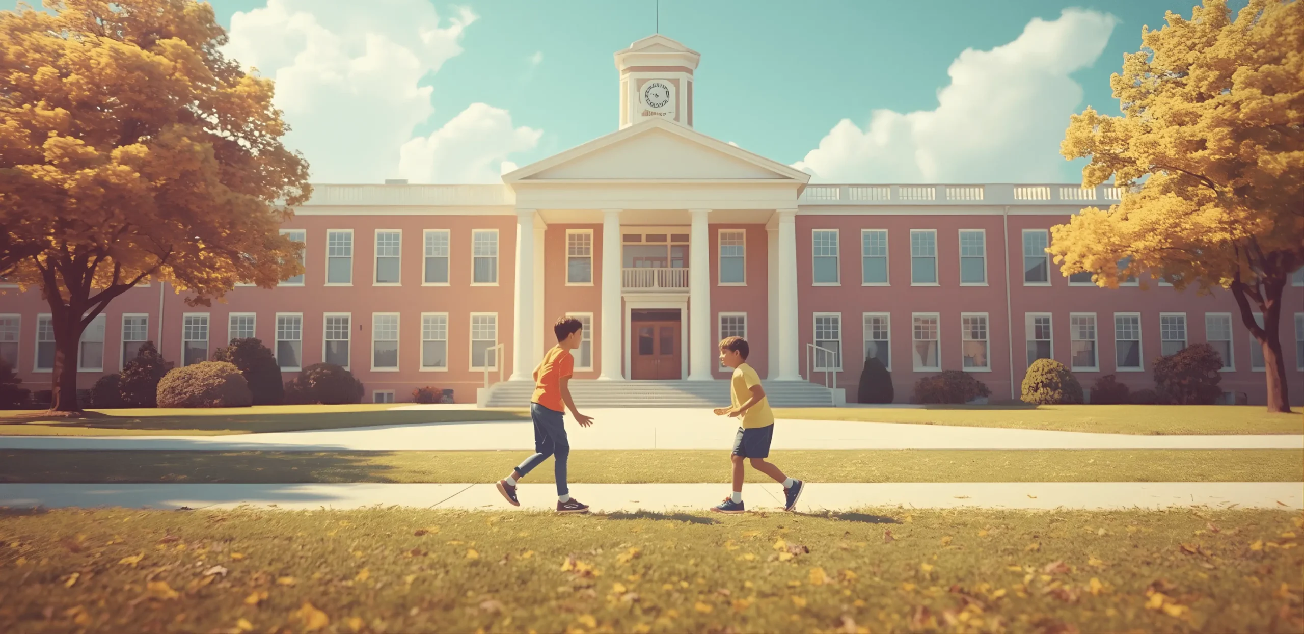 Two children playing on a school lawn in front of a classic school building on a sunny day.